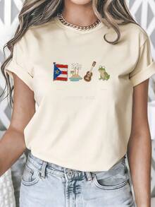 Camiseta casual de manga corta para mujer, ideal para vacaciones de verano, con estampados de la bandera de Puerto Rico, la isla, palmeras, guitarra y ranas, 100% algodón puro, tela cómoda de 220g, estilo casual unisex, adecuada para el verano y el uso diario. - Albaricoque - Ver 12