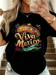 Vivaéxico Sombrero Vintage Cinco De Mayo Camiseta Patriótica para Mujeres Niños Hombres Camisetas Gráficas Casuales de Moda Femenina - Camisetas de Uso Diario,Prendas callejeras de estilo fiesta y carnaval con blusas transpirables para uso diario y actividades. - Negro - Ver 1