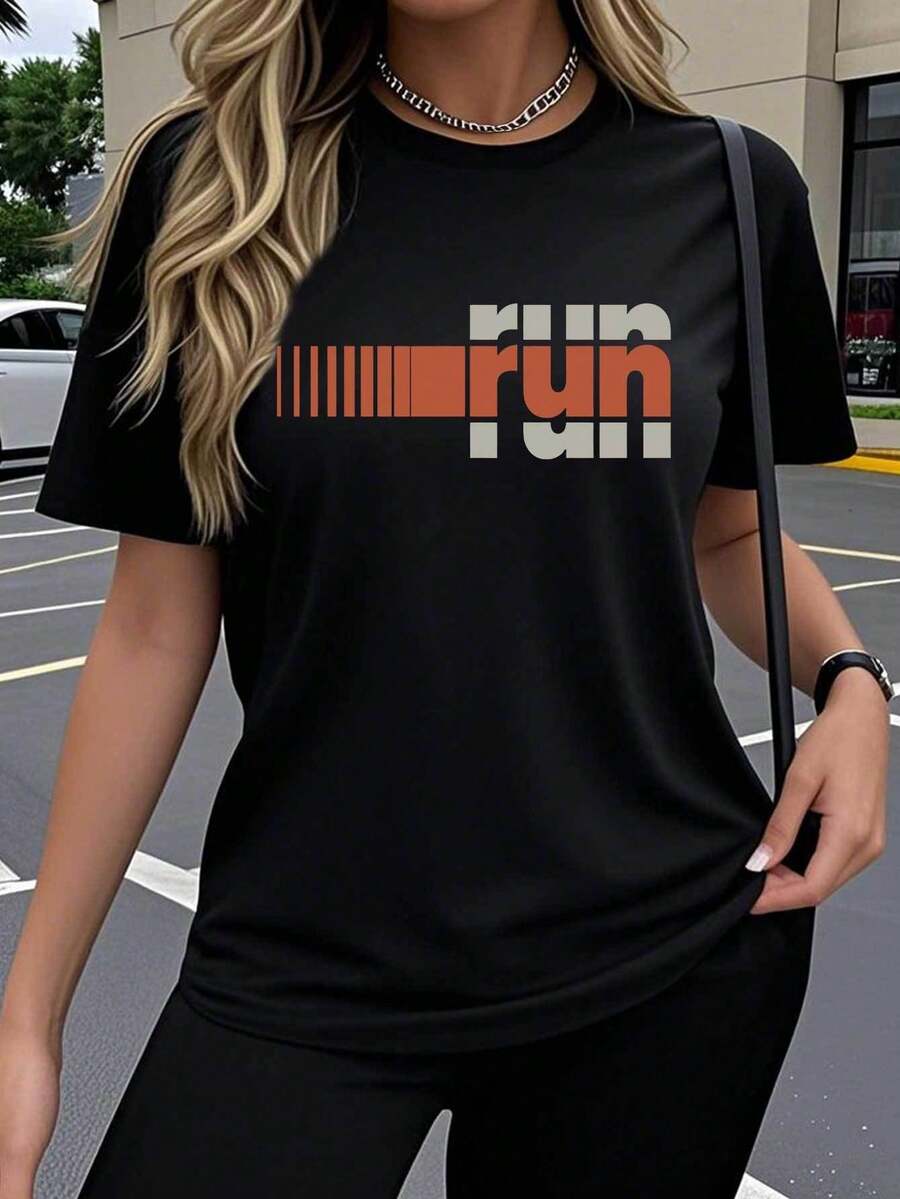 Camiseta deportiva de manga corta para mujer, estilo athleisure, de una sola pieza, para primavera/verano, con patrones geométricos de moda, diseños creativos artísticos y estampados de letras populares. Transpirable, elástica, de cuello redondo, adecuada para un uso cómodo al aire libre en primavera, verano y otoño. Camiseta de cuello redondo, estilo Y2K, holgada, casual, sencilla y a la moda, suave, estampada, transpirable y cómoda, camiseta deportiva de manga corta, elegante para fiestas, ideal para actividades de fitness y ocio, perfecta como regalo para las vacaciones. Ropa casual de gimnasio que absorbe la humedad. - Negro - Ver 1