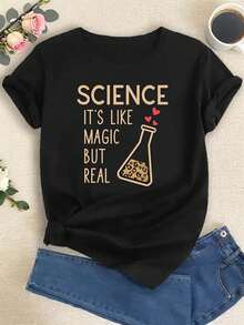 Camiseta Ligera y Transpirable para Mujer con Estampado de Texto "SCIEN IT'S LIKE MAGIC BUT REAL", Cuello Redondo, Manga Corta, para Primavera y Verano, Ideal para Combinar en Primavera y Otoño - Negro - Ver 6