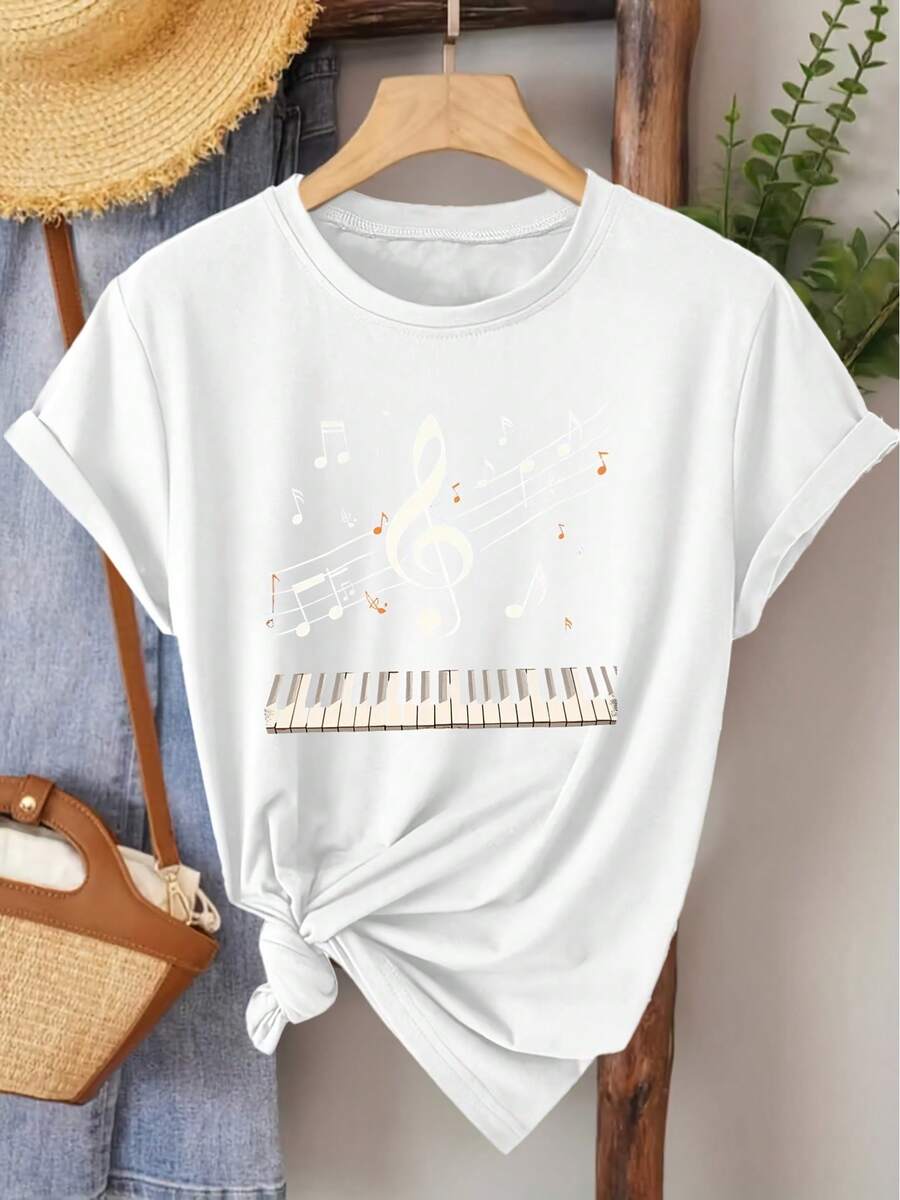 Camiseta unisex de manga corta, elegante camiseta de mujer de manga corta con estampado de nota musical y tecla de piano, adecuada para primavera, verano y otoño.Una blusa elegante y versátil para ir al trabajo, ir de vacaciones y para el uso diario.playeras hombre,spiderman,, mujer,romwe men,boho chic,maestras regalos,camiseta para mujer conjuntos curvy para mu,y2k, - Blanco - Ver 1