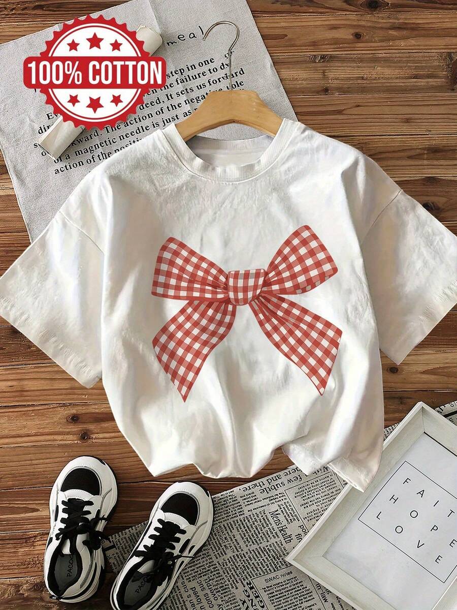 Camiseta casual de manga corta y cuello redondo para mujer - Estampado de lazo a cuadros rojo y blanco, lavable a máquina, cómoda para todas las estaciones, corte regular, moda para el día a día, ropa con encanto rústico, tela no transparente, top de verano, material transpirable, top estampado, blusas para mujer para primavera y verano. - Blanco - Ver 1