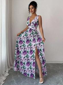 Vestido elegante y sofisticado con estampado floral, corte evasé, abertura y cintura anudada sin mangas, adecuado para vacaciones - Morado - Ver 3