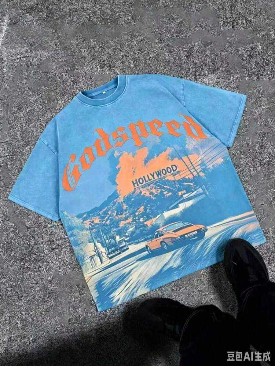 Break The SystemMen's Washed Vintage Crewneck T-Shirt, 100% Cotton 180GSM, Godspeed Highway Car Print, Retro Faded Style, American Streetwear, - 天藍色 - 查看 1