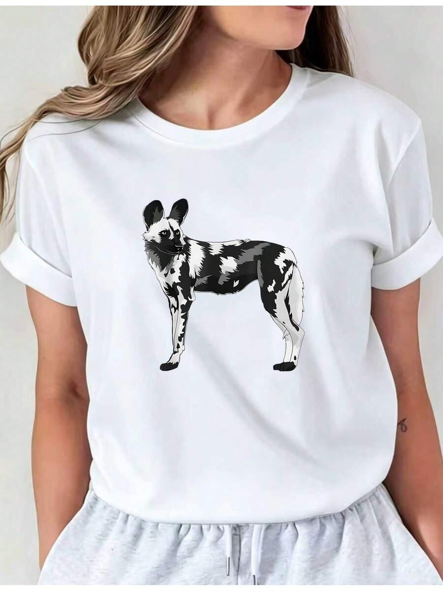 100% Cotton T-Shirt For Men And Women With An African Wild Dog Print (African Hunting Dog), Model 01, Casual Round Neck Top, Comfortable Women's Clothing. Simple Solid Color T-Shirt For Women, Loose And Fitted Cut, Casual Short Sleeves. - 白色 - 查看 1
