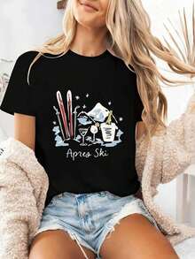 Suave, transpirable y ligera para comodidad durante todo el día. Una camiseta de manga corta con cuello redondo para mujer, ideal para primavera y verano, con estampados temáticos de esquí y vino. Cuello clásico con un corte relajado que favorece todas las formas del cuerpo y es fácil de combinar con jeans, shorts y leggings. - Negro - Ver 1