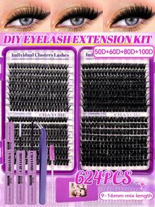 Bộ 640 miếng mi giả cụm DIY độ dài hỗn hợp 10-16mm 10D-100D cong D dày 0.07mm, bộ mi lẻ kèm keo dán, chất niêm phong và nhíp, dễ dùng cho người mới bắt đầu, phong cách tự nhiên kịch tính kiểu mắt mèo Nga, nối mi cosplay dùng tại nhà - Màu tím - Xem 5