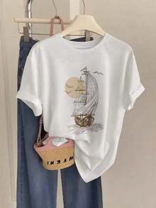 Camiseta 100% algodón puro de 180g con diseño de velero, pájaros y sol. Camisa de verano para mujer con cuello redondo relajado, corte holgado, tacto suave, material transpirable 42YO. Adecuada como regalo. playera de mujer. blusas>elegantes. boho chic,Top de mujer suave, transpirable y cómodo, ideal para primavera, verano y otoño, perfecto para vacaciones, viajes y uso diario. - Blanco - Ver 7