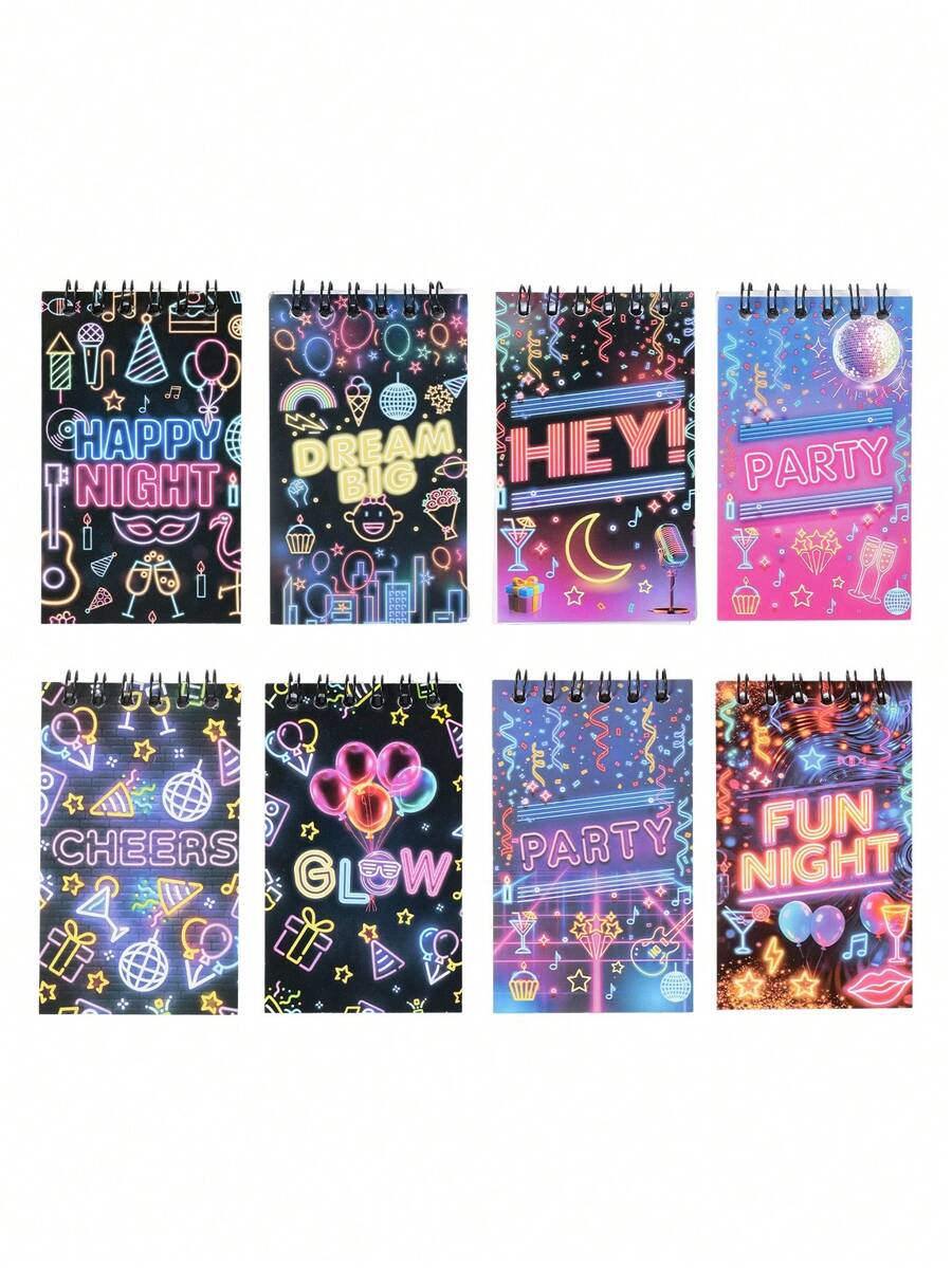 8pcs Neon Glow Party Mini Spiral Notebooks, Designs Glow Party Spiral Notebooks With Disco Ball, Neon Text("Happy Night" & "Fun Night") & Party Prints,Mini Coil Notepad, For Glow, Disco & Neon Birthday Parties,Birthday Party Supplies,Wedding Decor,Bridal Shower Favors,Babyshower Decor,Home Daily Use,Office Supplies,Shopping List,Daily Records,Holiday Decorations