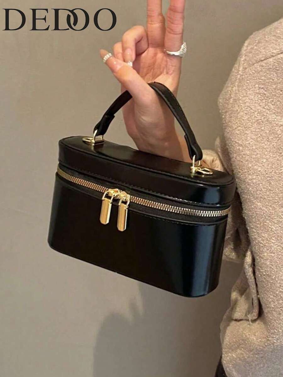 Dedoo 复古咖啡色方形手提包，拉链封口女士方形包，可调节肩带斜挎包，适合校园出行