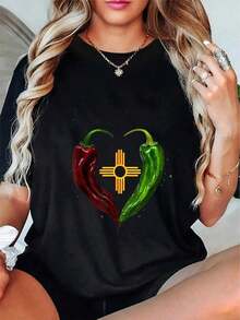 Women's Summer T-Shirts: Short-Sleeve Crew Neck T-Shirt With 180g Print, Celebrating New Mexico, Featuring A Red And Green Chili Pepper Pattern. Loose And Comfortable Summer Wear, Women's T-Shirts - 黑色 - 查看 1