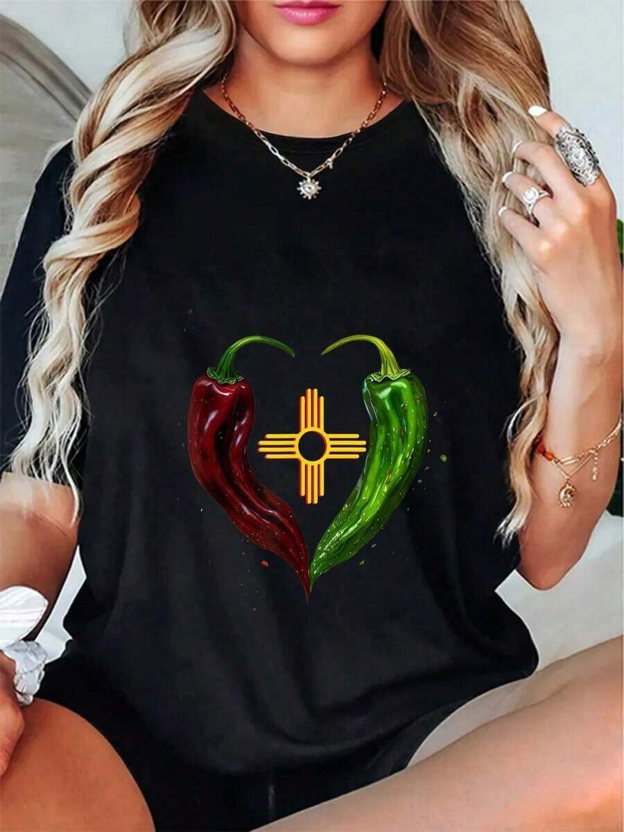 Women's Summer T-Shirts: Short-Sleeve Crew Neck T-Shirt With 180g Print, Celebrating New Mexico, Featuring A Red And Green Chili Pepper Pattern. Loose And Comfortable Summer Wear, Women's T-Shirts - 黑色 - 查看 1