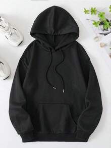 Women's Drawstring Hoodie With LOVE Heart Print - Black - View 4