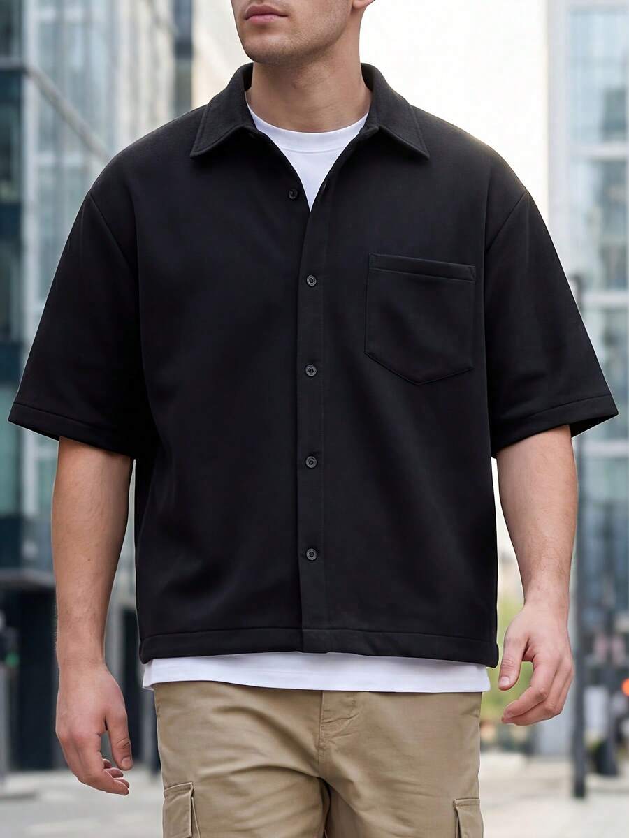 Men'S Casual Shirt | Boxy Fit Button-Up Shirt With Chest Pocket And Lapel Collar | Loose Fit, Summer Style, Slight Stretch Fabric | Ideal For Office, Daily Wear, Casual Outfits | Streetwear Style By FIVE MEN - 黑色 - 查看 1