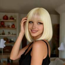 Peluca bob con degradado dorado de 12 pulgadas con flequillo, fibra sintética de alta densidad, uso diario elegante y de moda, adecuada para todas las mujeres - oro - Ver 4