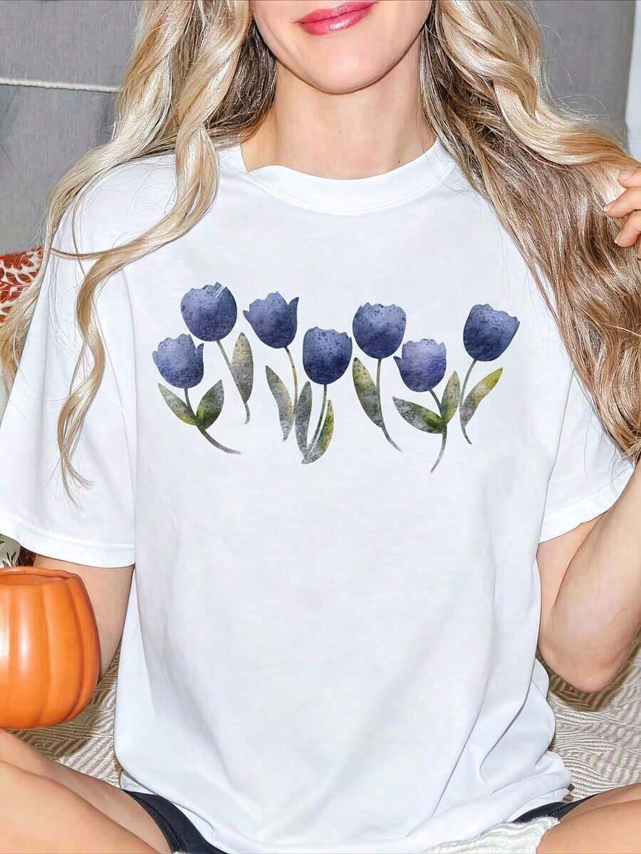Women's Tulip Print T-Shirt, Casual Style, Round Neck, Short Sleeve, Soft, Comfortable, Simple And Fashionable, Summer Gift For Her, Best Gift For Friends On Juneteenth, Graduation 2026 And Birthdays, Women's Clothing, Printed Blouses - 白色 - 查看 1