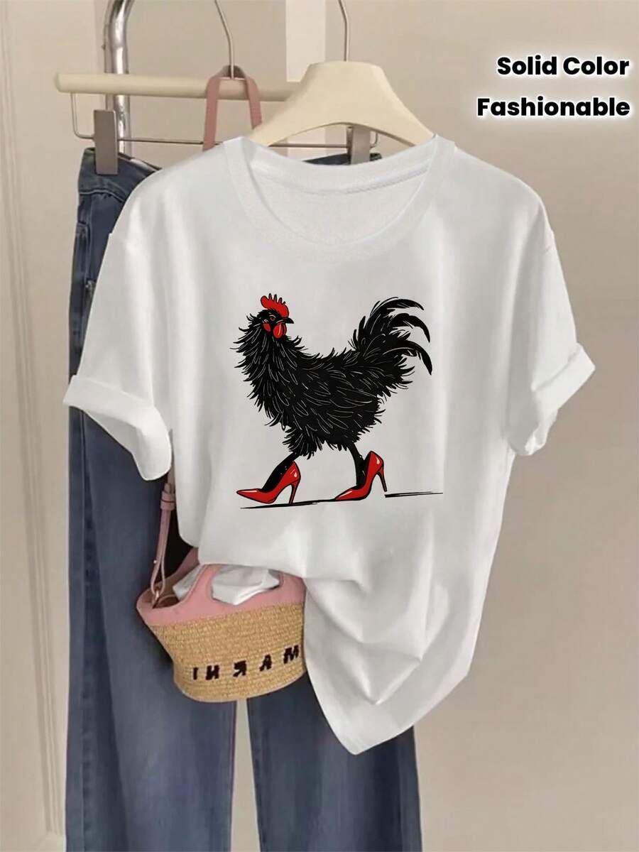 The Black Rooster T-Shirt Features A Crew Neck And Is Made From 100% Pure Cotton In A Solid Color. This Modern And Fashionable Fabric Is Specifically Designed For Summer Wear, Making It Perfect For Everyday Use. - 白色 - 查看 1