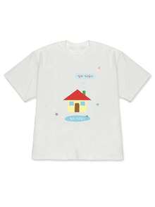 Women's Korean Style T-Shirt With Cozy House Print - Short Sleeve Off-Shoulder Blouse, Spring Summer Casual Wear, Machine Washable, 1 Piece For Everyday Summer Outfits - 白色 - 查看 1