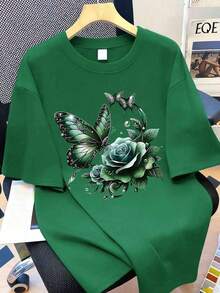 Women's Casual Crew Neck T-Shirt With A Purple Rose And Butterfly Print, Short Sleeves, And Regular Length, Suitable For Spring And Summer Wear, Ideal As A Birthday Or Festive Gift - Vintage Street Style Unisex Cotton Short Sleeve Crew Neck T-Shirt - 綠色的 - 查看 1