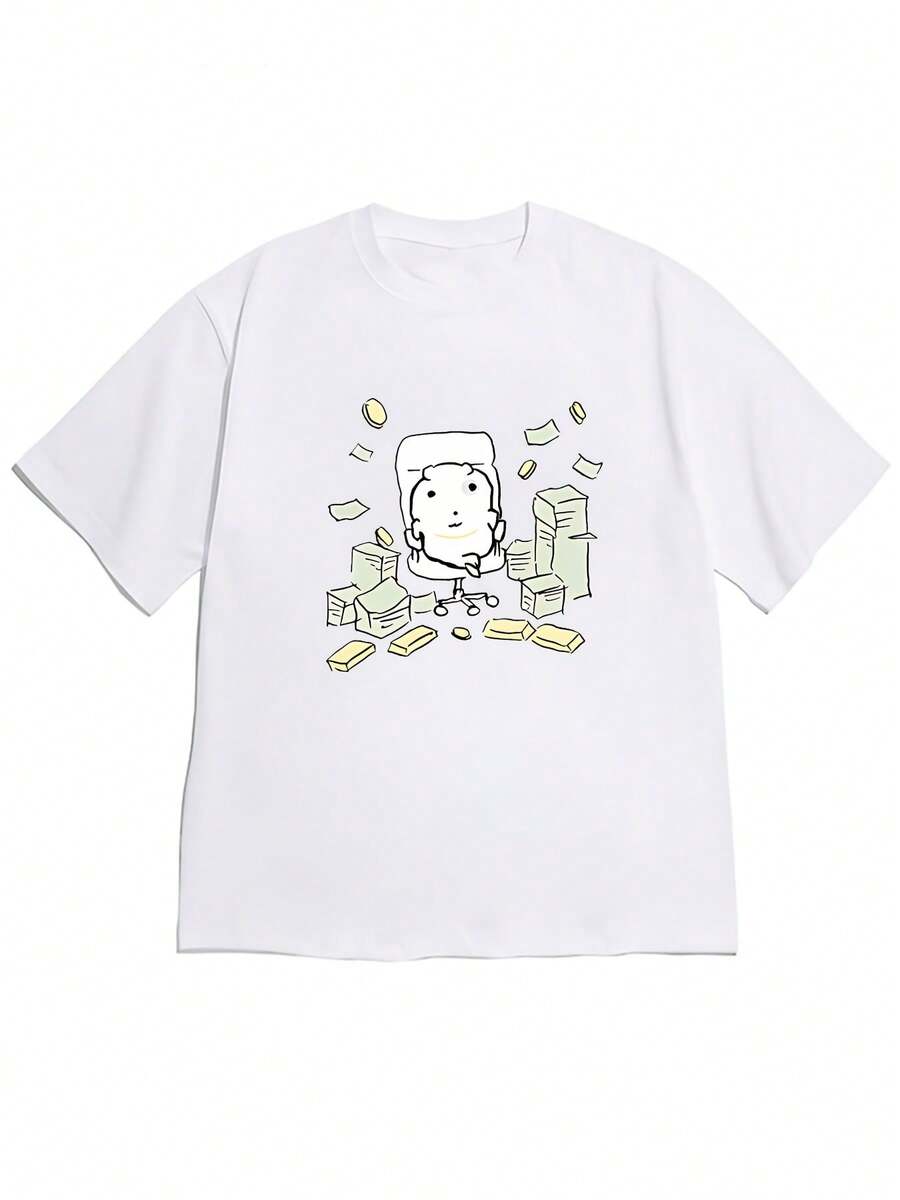 Women's Loose-Fitting Short-Sleeved Off-The-Shoulder T-Shirt With A Fun And Interesting "Get Rich Lying Little Man" Print, Fun And Interesting Style, Comfortable And Skin-Friendly, Ideal For Everyday Street Wear During The Summer. - 白色 - 查看 1