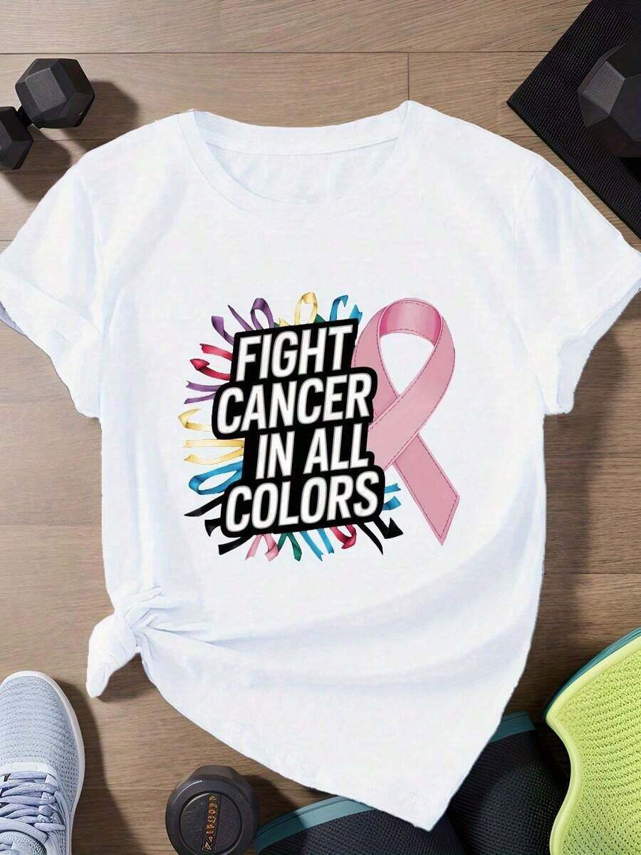 Women's Plus Size Short Sleeve Sports T-Shirt With Cancer Flag - 白色 - 查看 1