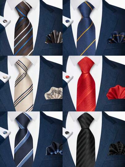 AlanKing 3pcs Classic Striped Necktie, Pocket Square & Cufflinks Set, Practical Menswear Accessories For Work, Business, Party, Banquet, Concert