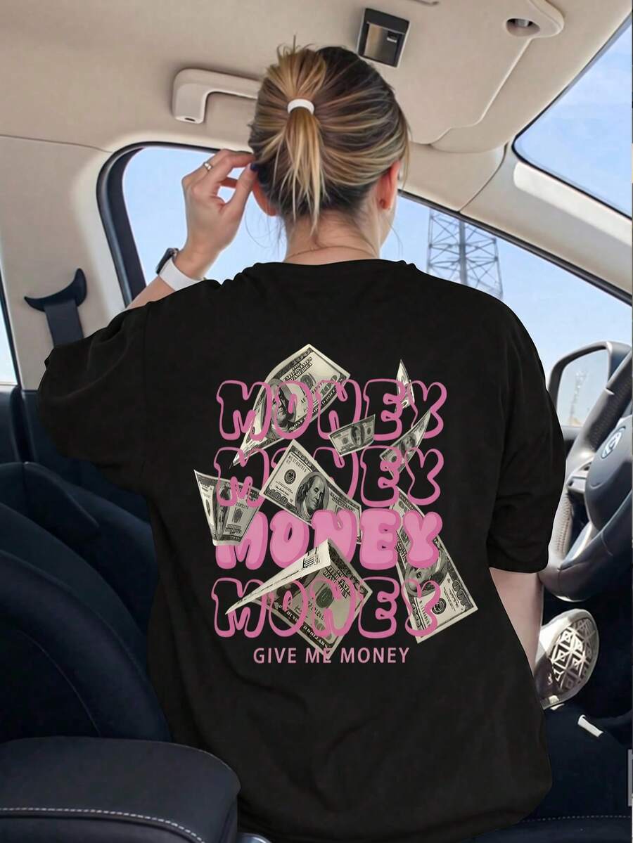 Camiseta de mujer de cuello redondo y manga corta, diseño de estampado gráfico de doble cara de moda, ajuste holgado y cómodo casual, versátil top negro de verano - Negro - Ver 1