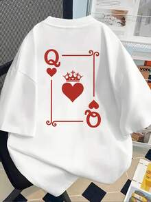 New 180gsm Short-Sleeved T-Shirt, 1% Cotton, With Prints On The Front And Back - Queen Of Hearts, Playing Cards - Fashionable Printed T-Shirt For Women, Your Best Choice! - Suitable For Layering In Spring And Autumn, And For Wearing Alone In Summer, Unisex Style. - 白色 - 查看 2