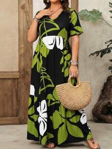 Plus Size Women's Tropical Floral Print V-Neck Tiered Maxi Dress, Loose Short Sleeve Casual Summer Beach Vacation Dress Elegant - Multicolor - View 1