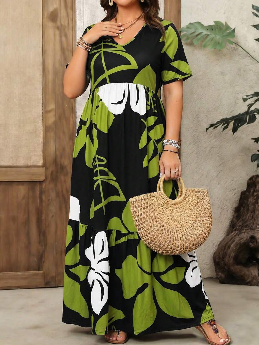 Plus Size Women's Tropical Floral Print V-Neck Tiered Maxi Dress, Loose Short Sleeve Casual Summer Beach Vacation Dress Elegant - Multicolor - View 1