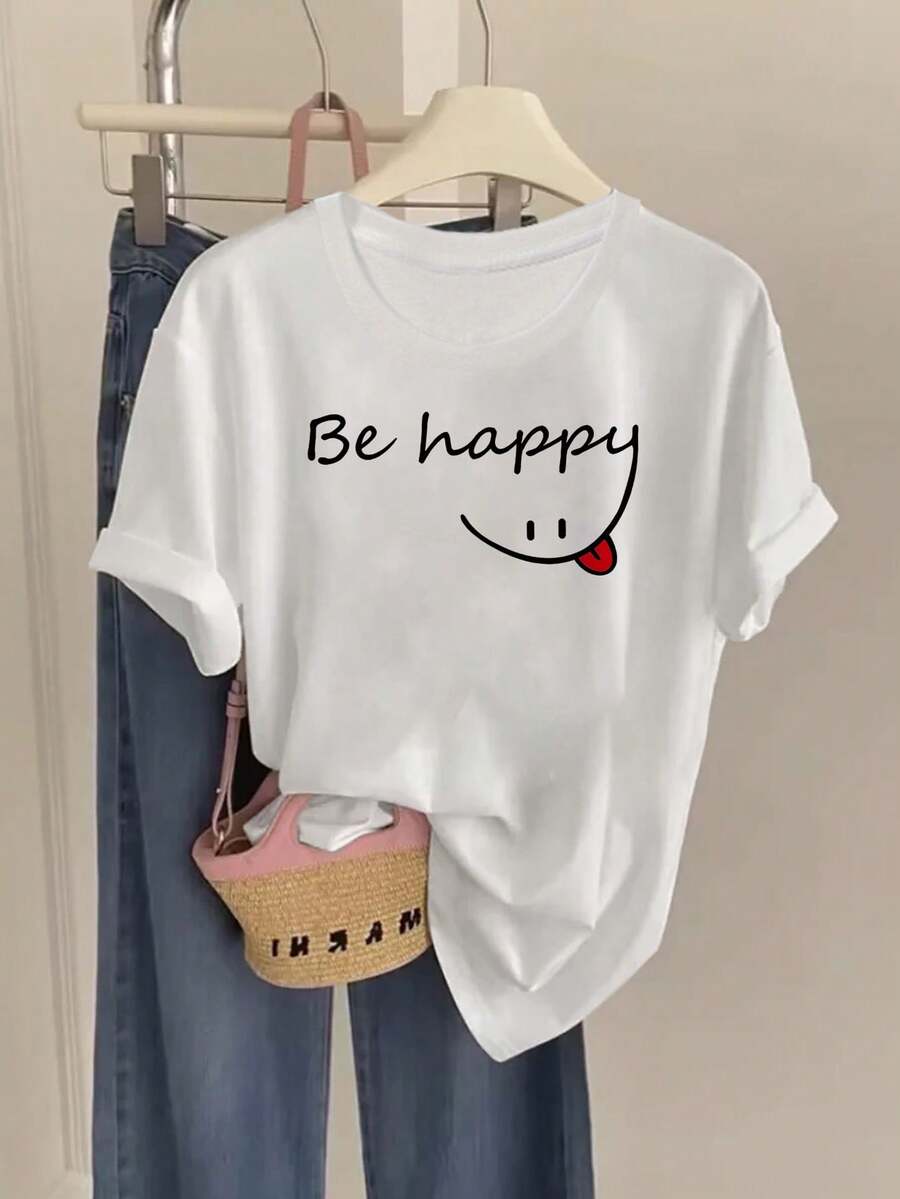 The 100% Pure "Be Happy Smile" Print Crew Neck T-Shirt Is Made From A Modern And Stylish Solid-Color Fabric. It's Specially Designed For Summer And Is Suitable For Casual Everyday Wear. - 白色 - 查看 1