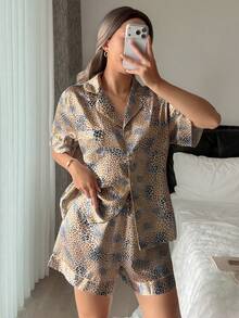 2pcs/Set Summer Leopard Print Women's Short Sleeve Top And Shorts Pajama Set - Gold - View 5