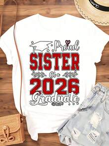 "Proud Sister Of A Class Of 2026 Graduate" T-Shirt, Graduation Gift For Siblings, Family Celebration Outfit, 220g - Urban Vintage Style, Unisex, 100% Pure Cotton Short Sleeve T-Shirt - 白色 - 查看 4