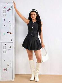 Vestido informal de mezclilla sin mangas con cuello redondo, abotonadura única y bajo plisado para mujeres - Negro - Ver 1