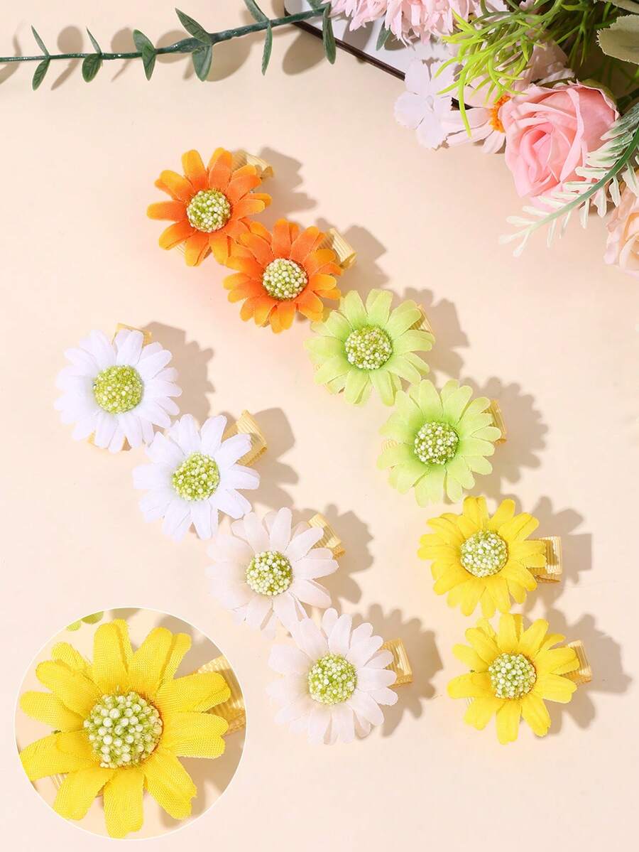 10个装女孩花朵发夹,蓝黄相间,鳄鱼夹设计,优雅自然风发饰,适合夏季度假和日常休闲佩戴,沙滩旅行必备,青少年发型 - 彩色 - 查看 1