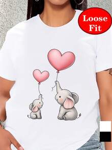 A Short-Sleeved, Crew-Neck T-Shirt Featuring An Elephant And Heart Design, Symbolizing Deep Maternal Love, Perfect For Casual Wear In Spring And Summer, Available In Plus Sizes For Women - White - View 1