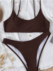 New Women's Sexy Solid Color Bikini Swimsuit - 咖色 - 查看 8