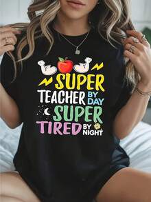 Ropa de mujer - Camiseta divertida para maestras - Diseños de "Super Maestra" y "Noche de Cansancio", con estrellas, manzanas e íconos - Camiseta transpirable de manga corta y cuello redondo, adecuada para educadoras, actividades y comodidad casual - Regalo lavable a máquina para maestras, camiseta para maestras, ropa para empleados - camisetas para mujer - Negro - Ver 6