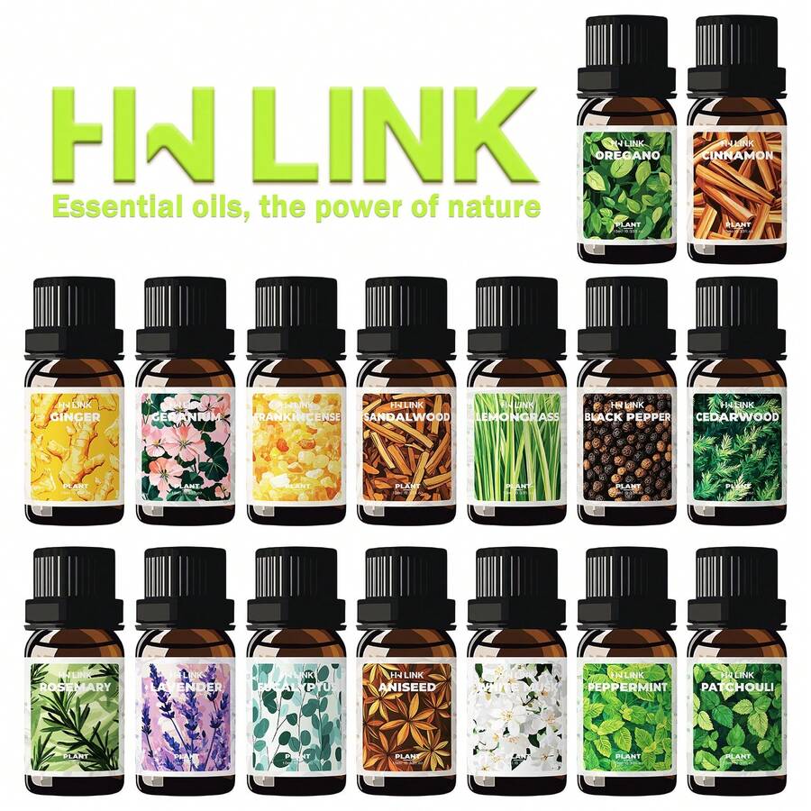 HWLINK 10ml 多款植物精油，薰衣草、肉桂、乳香、薄荷、檸檬草、尤加利、迷迭香、生薑、廣藿香、雪松、白麝香、天竺葵、黑胡椒、牛至、茴香、檀香、肉豆蔻，香氛精油，適用於擴香與蠟燭製作，禮品