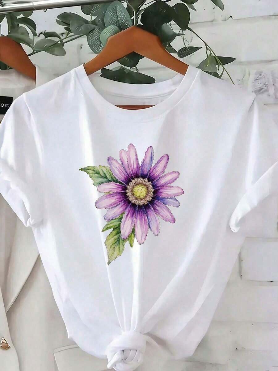 Premium 100% Cotton Black Short-Sleeved T-Shirt With Tie Hem | Wo Summer Casual T-Shirt With Purple Floral Design Featuring A Yellow Center And Green Leaves, Regular Fit, Crew Neck - Pairs Well With White Clothing, Features Gold Buttons. Gift Idea. - 白色 - 查看 1
