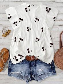 Blusa casual de manga corta con cuello con volantes y estampado de cerezas para uso diario y vacaciones - Blanco y Negro - Ver 2