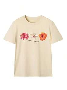 Women's Summer T-Shirt With Floral Petal And Letter Print, Round Neck, Casual And Versatile Style, Suitable For Holidays And Summer Wear - 彩色 - 查看 2