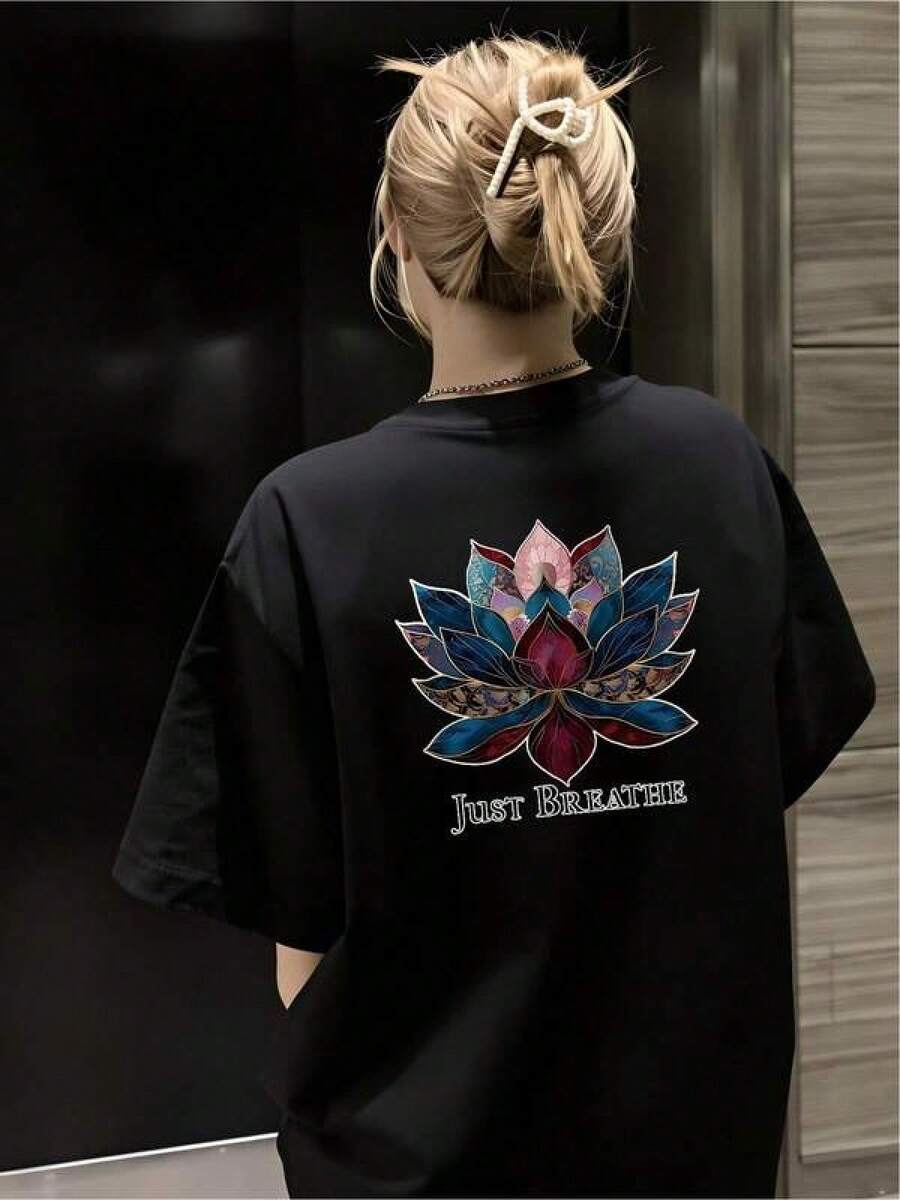 Camiseta negra informal de manga corta con cuello redondo para hombre,Camisetas Para Mujer T-shirt cómoda diseño lotus estampado colorido relajante casual para yoga meditación vida diaria tallas diversas color negro moda tendencias2023 - Negro - Ver 1