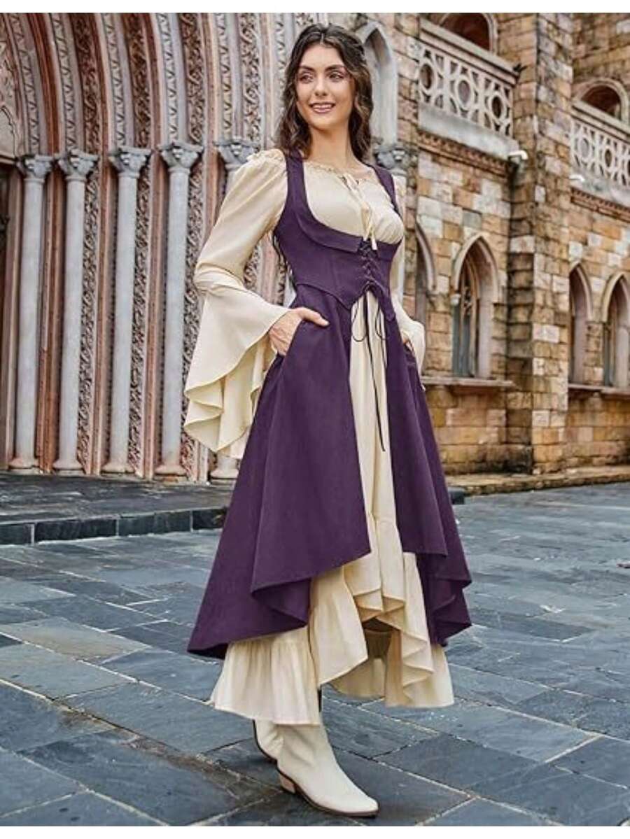 Women's Renaissance Peasant Dress, Pirate Style, Underbust Corset, Asymmetrical (High-Low) Skirt, With Pockets, Medieval Costume, Ideal For Renaissance Fairs, Theme Parties And Cosplay - 紫色 - 查看 1