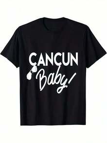 Cancun Print T-Shirt For Men And Women - Vibrant Blue Mexican Vacation Tee With Palm Trees And Prints, Casual Short Sleeve Crew Neck Tee, Perfect For Girls Trips, Spring Break, And Year-Round Travel Souvenirs - Machine Washable & Dry Cleanable, Regular Fit, Comfortable Casual Wear, With Bold White Lettering And Cancun Theme Design. JFJF 100% Cotton - 黑色 - 查看 6