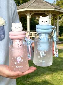 Cute Animal Plastic Water Cup With Tea Strainer & Lanyard, Pink/Blue Cat, Adorable Puppy 4 Styles, Built-In 3D Figurine Lid, Tea Strainer & Beaded Lanyard, Suitable For Students, Commuting, Short Trips, Transparent Cup Body With Adorable Printed Design, Great For Fruit Tea - Multicolor - View 1