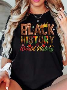 Women's Short-Sleeved T-Shirt With Black History Month Print, Casual Black Crew Neck T-Shirt, Stretchy, Machine Washable, Suitable For Spring/Summer/Autumn. - Black - View 1