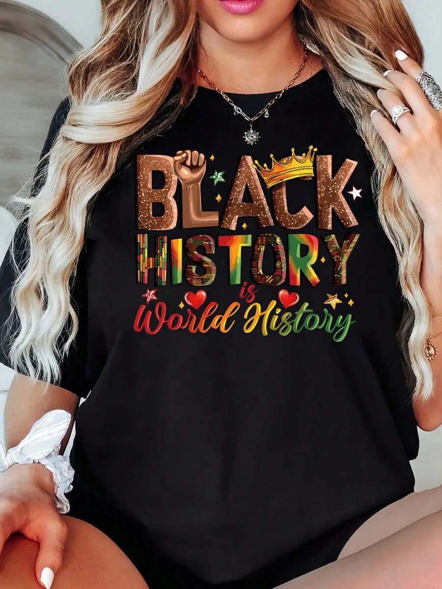 Women's Short-Sleeved T-Shirt With Black History Month Print, Casual Black Crew Neck T-Shirt, Stretchy, Machine Washable, Suitable For Spring/Summer/Autumn. - Black - View 1