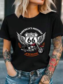 T-Shirt With "AMERICA, HIGHWAY 66, LA MOTHER ROAD" Letter Print, Short Sleeves, Round Neck, Casual Top For Summer And Spring, Women's Clothing - 黑色 - 查看 1
