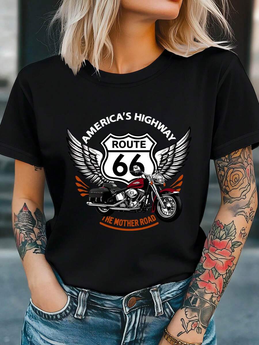 T-Shirt With "AMERICA, HIGHWAY 66, LA MOTHER ROAD" Letter Print, Short Sleeves, Round Neck, Casual Top For Summer And Spring, Women's Clothing - 黑色 - 查看 1